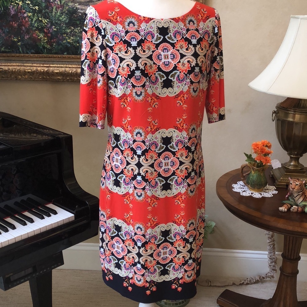 ELIZA J Floral Print Short Sleeve Dress Bateau Neckline Zip Back Women’s 8 NWOT